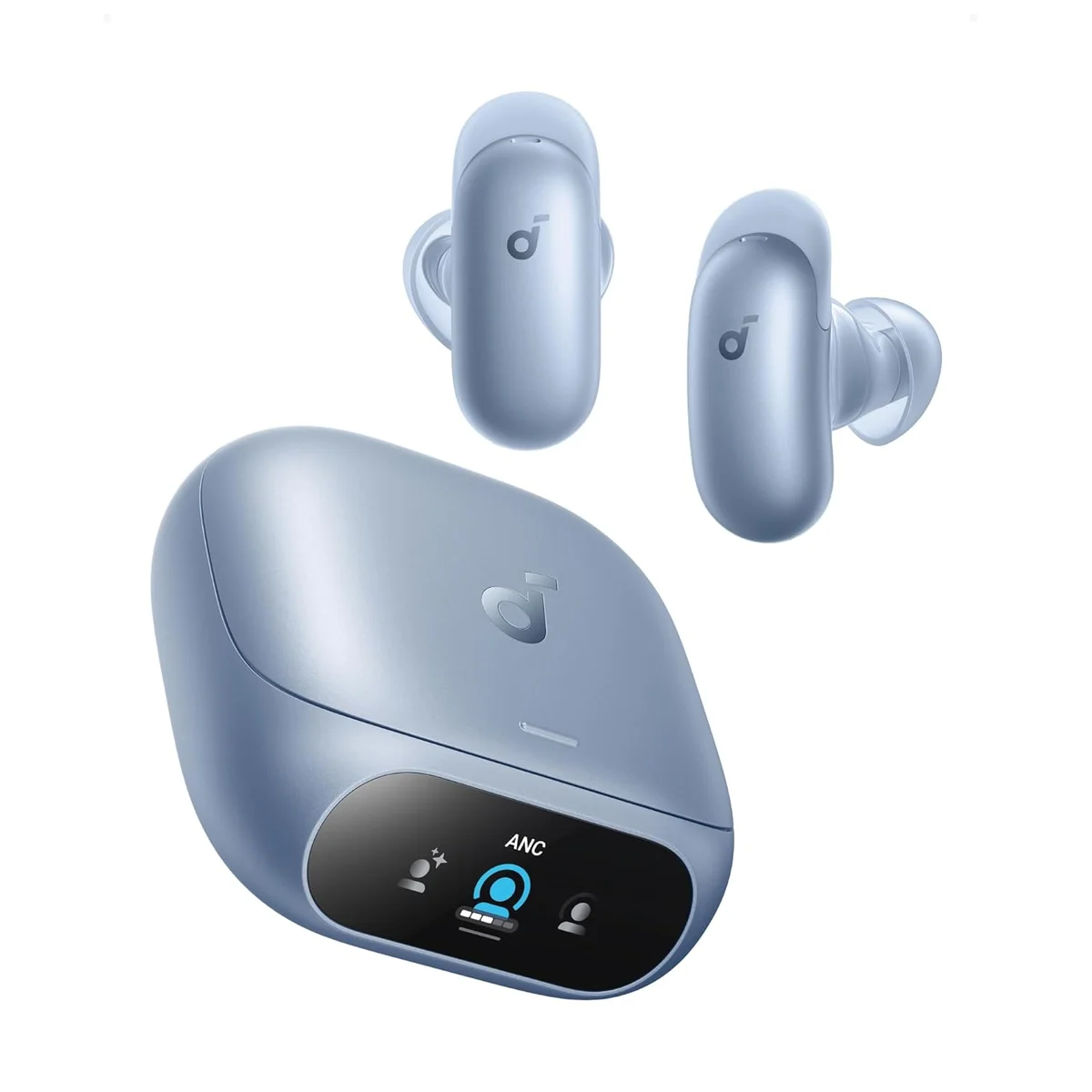 Soundcore Liberty 5 Pro in Pearl Blue with the charging case screen showing ANC mode