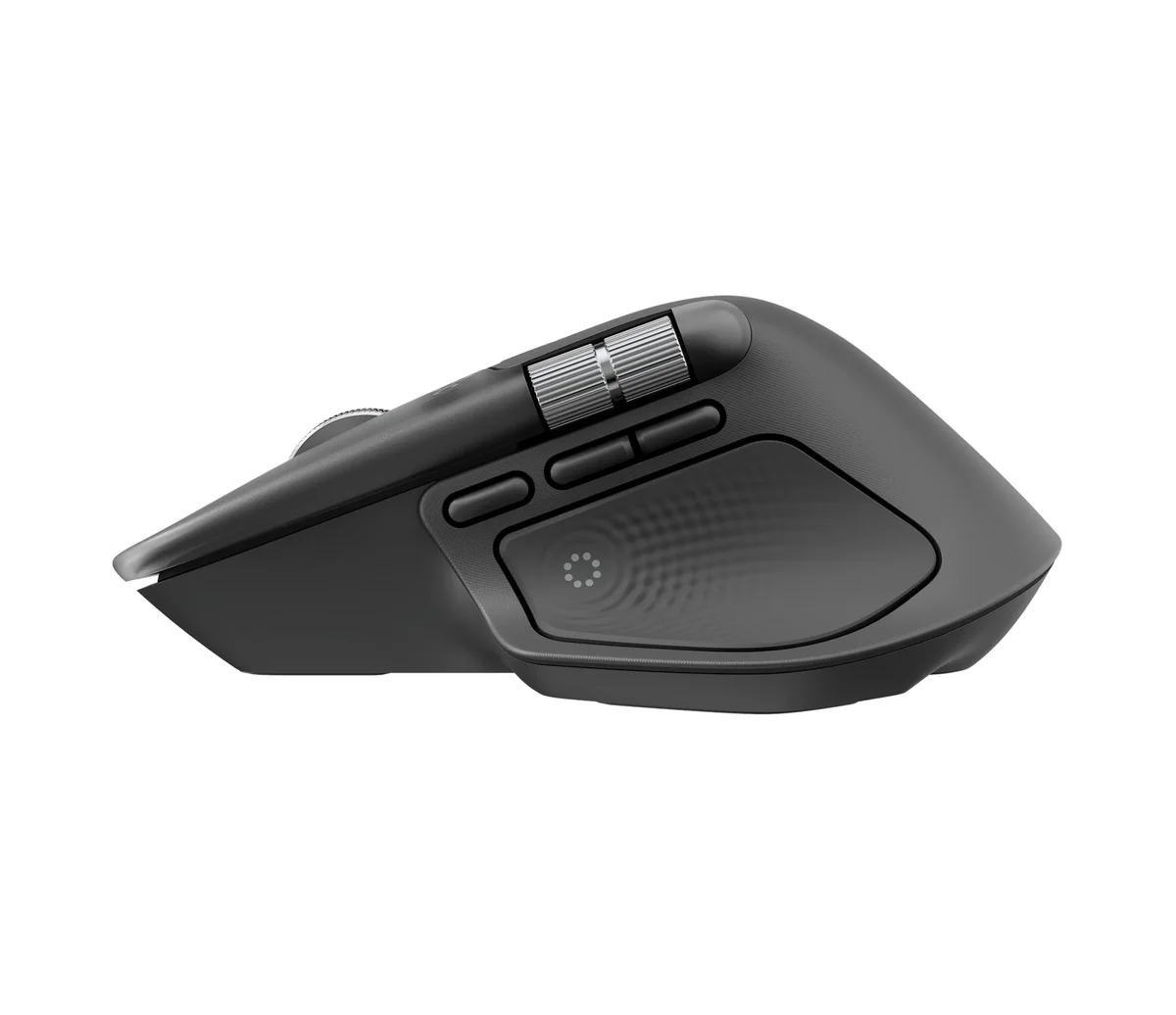 Logitech MX Master 4 thumb-side profile showing the knurled thumb wheel, three side buttons and the textured haptic sense panel