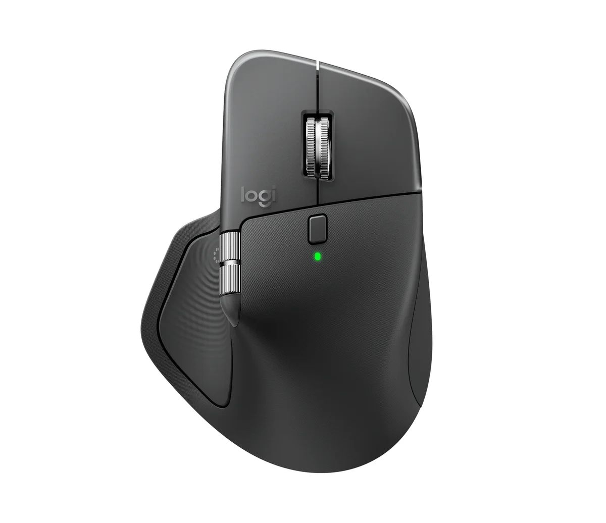 Top-down view of the Logitech MX Master 4 in Graphite showing the metal MagSpeed scroll wheel, the button behind it, the thumb wheel and the sculpted thumb rest