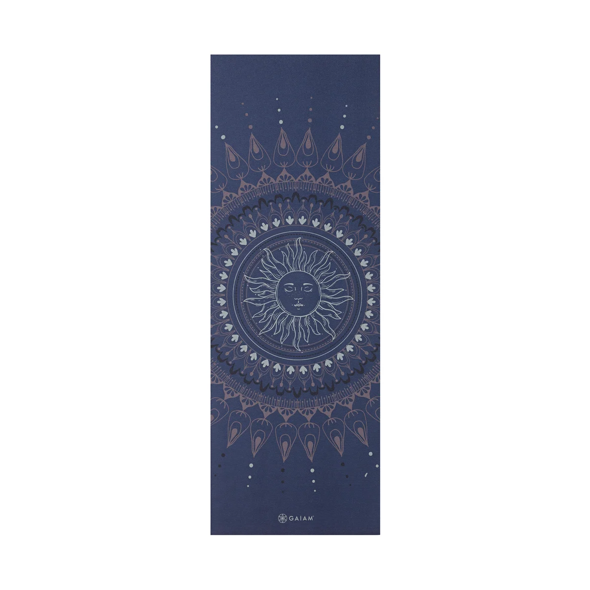 Gaiam Premium Yoga Mat full-length view with Here Now celestial mandala print design